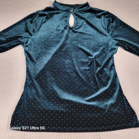 Vince Camuto v-neck top green‎ velvet size Lg choker collar gold polka dot studs - Picture 8 of 10